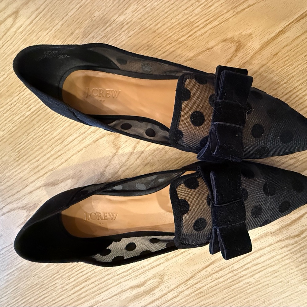 J. Crew Black Sheer Polka Dot Flats with Bow